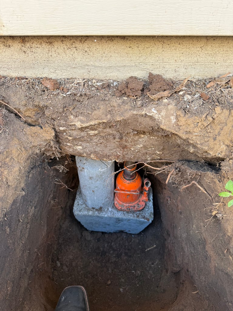 Sump pump and blue basin in ground excavation beneath concrete foundation